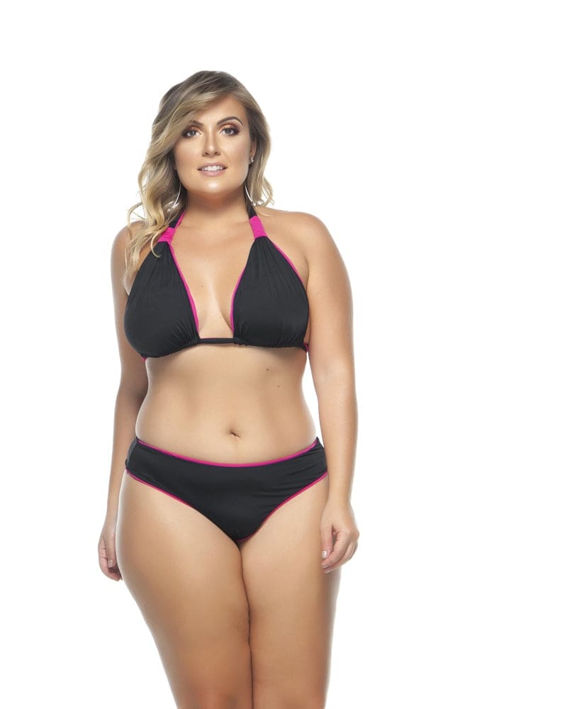 Front of a model wearing a size 14 Double Reversible Sliding Triangle Bikini Top in Black Lolipop by Lehona. | dia_product_style_image_id:267510